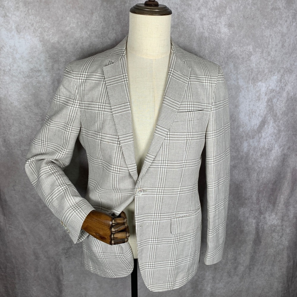 Hugo Boss Linen Blazer Jacket Men 38R Windowpane Sport Coat Unlined - Picture 2 of 16